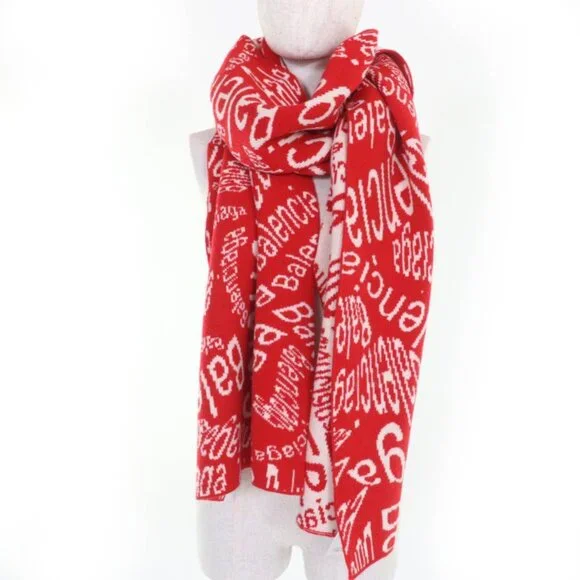 Balenciaga Virgin Wool Large Shawl Scarf With Logo Pattern Red Ivory - Picture 3 of 8
